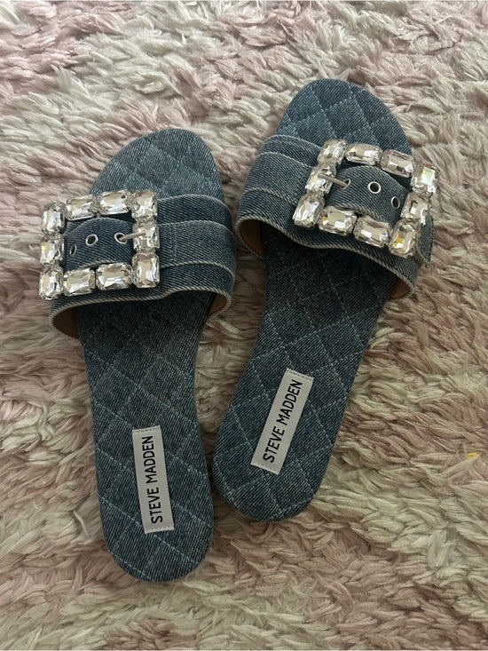 Steve Madden Shoes - Steve Madden Denim Slide Sandals with Crystal Buckle - Dark Blue